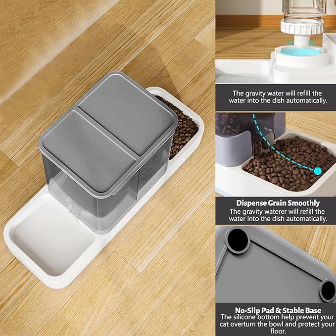 Automatic Small Pet Feeder and Water Dispenser, 2 in 1 Gravity Cat Auto Cat Small Medium Dog Feeder and Waterer Set Dish for Puppy Kitten Pets (Grey)