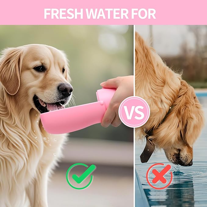 Dog Water Bottle, Leak Proof Portable Puppy Water Dispenser, Travel Puppy Water Bowl, Foldable Transparent Dog Water Bottle for Pets Outdoor Walking, Hiking, Travel, Food Grade Plastic - 10oz Pink