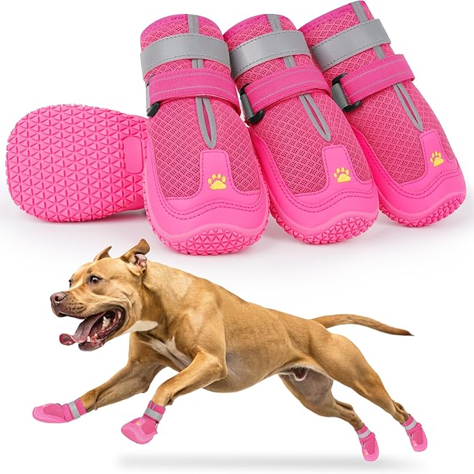 LUCKYPAW Dog Shoes for Large Medium Dogs, Breathable Dog Boots for Hot Pavement, Paw Protectors for Summer Walking Hiking Winter Snow Outdoor, No Slip Reflective Booties for Hardwood Floor-Hot Pink, 6
