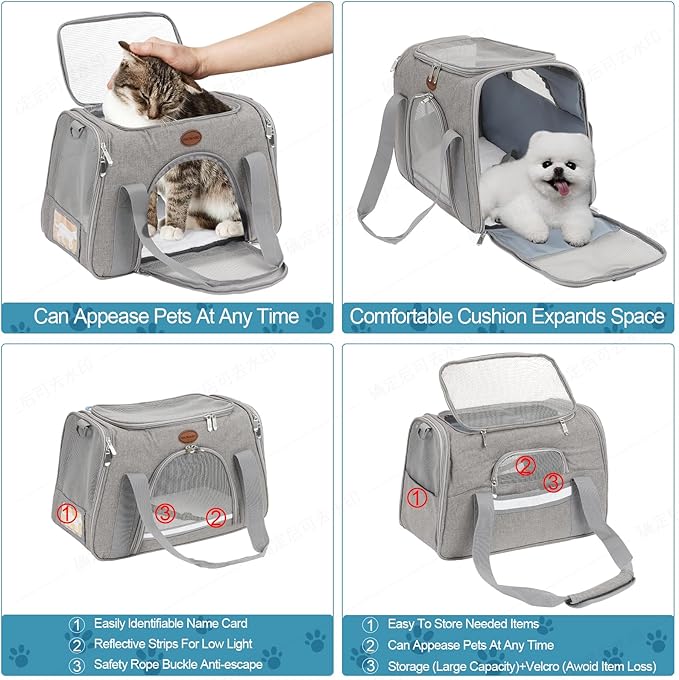 Cat Carrier Dog Carrier Pet Carriers for Medium Small Cats Dogs Puppies up to 25 Lbs,TSA Airline Approved Small Dog Cat Carriers Soft Sided,Collapsible Travel Puppy Carrier (Grey, Large)