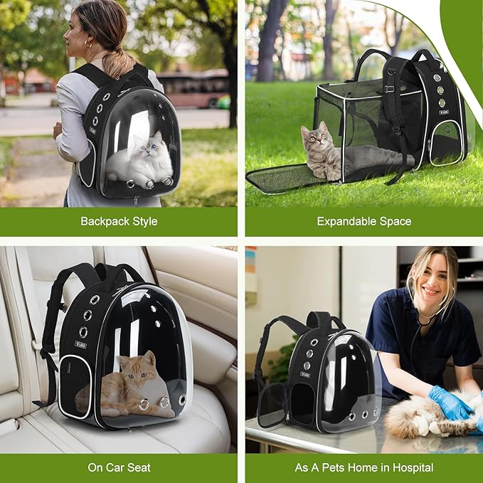 Lekereise Cat Backpack Carrier, Expandable Large Space Cat Bubble Backpack for Kitty Small Dog up to 18lbs, Transparent Pet Carrier for Travel, Hiking, Walking & Outdoor, Black