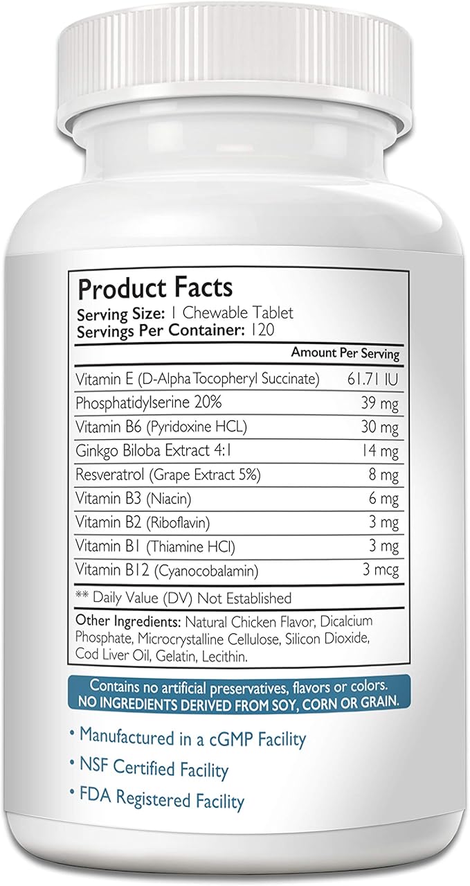 Cognitive Support for Dogs, Promotes Dog Brain Health, Mental Support Supplement for Cognitive Difficulties, 120 Chewable Tablets