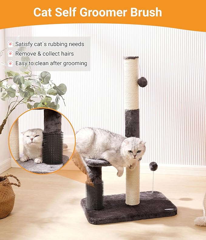 Happi N Pets 34“ Tall Cat Scratching Post for Big Cats, Natural Sisal Cat Scratchers for Indoor Cats, Heavy Duty Cat Stands Featuring with Cat Self Groomer and Hanging Toys, Free Catnip-Gray