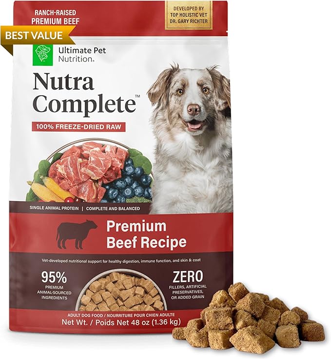 ULTIMATE PET NUTRITION Nutra Complete Freeze Dried Raw Dog Food, Veterinarian Formulated with Antioxidants, Prebiotics & Amino Acids (3 Pound, Beef)
