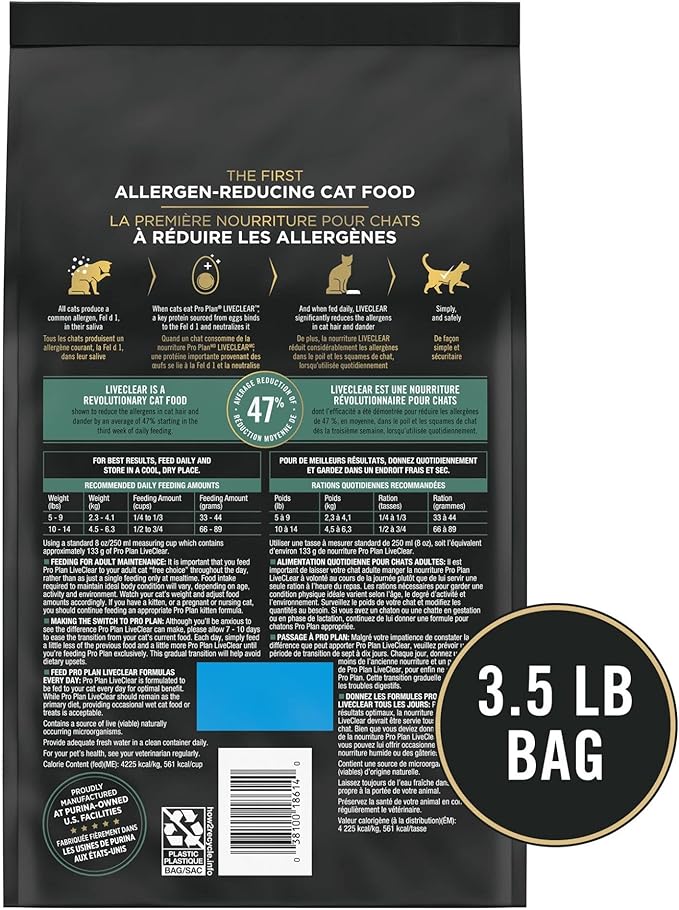 Purina Pro Plan Allergen Reducing, High Protein Cat Food, LIVECLEAR Salmon and Rice Formula - 3.5 lb. Bag
