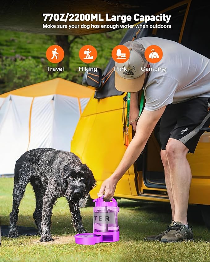 Portable Dog Water Bottle Bowl - 77 oz Travel Water Bowl Dispenser for Dogs Leak Proof, Suitable for Large Pet Drinking, A Must Have for Outdoor, Camping, Walking, Beach, Hunting Other Scenes (Purple)
