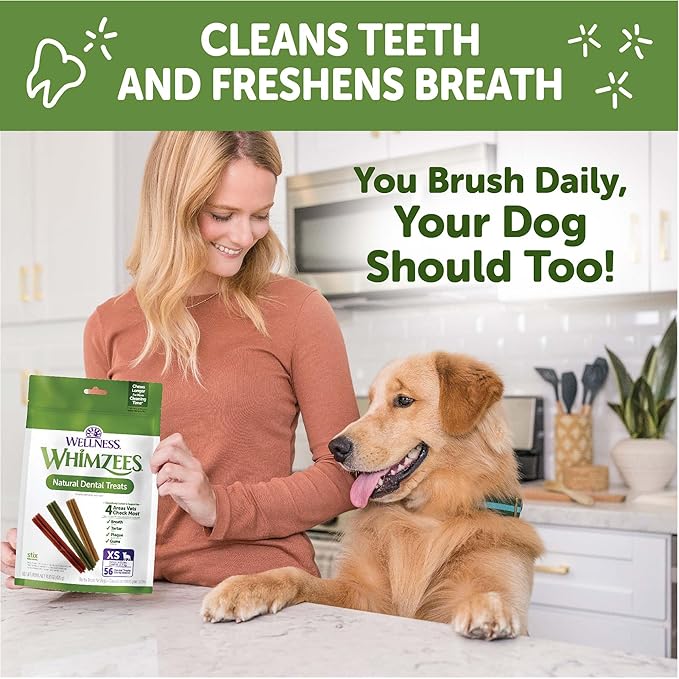 Wellness WHIMZEES Stix Dog Dental Treats, Natural Chews, Extra Small Size Stick, (56 Count)
