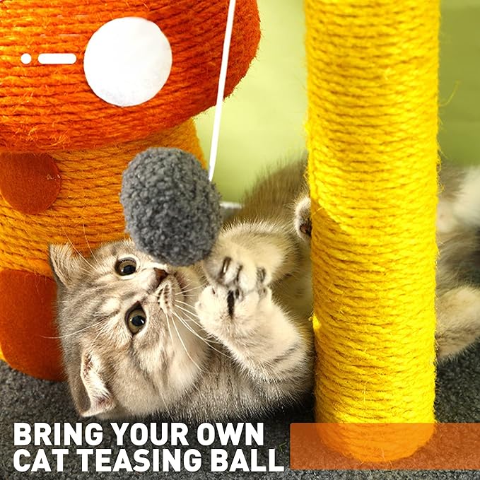 Cat Tree Tower,Cat Scratching Post, Mushroom Tall Cat Scratcher Featuring with Natural Sisal Scratching Poles and Interactive Toy Ball for Kittens and Small Cats Pet Play House