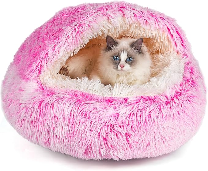 Cat Beds & Dog Bed with Cover Cave, Dog Beds for Small Dogs, Round Soft Plush Donut Calming Pet Bed for Indoor Cats or Small Dog, Washable Puppy Bed with Non-Slip Bottom-24inch
