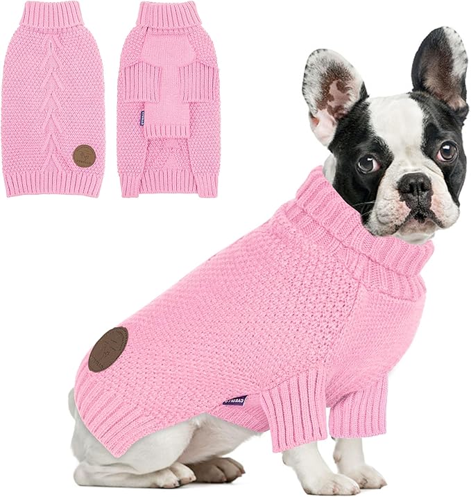cyeollo Turtleneck Dog Sweater Soft Knitwear Pullover Sweaters with Leash Hole Pet Clothes for Cold Weather Pet Small Dog Sweaters,Pink, XL