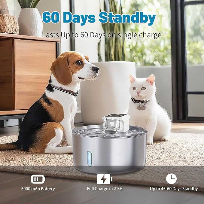 Automatic Wireless Pet Water Fountain - 7L/236oz Slow Water Bowl for Cats & Dogs, Motion Sensor Stainless Steel Dispenser with Quiet Pump, Cordless Filtered Water Bowl for Continuous Fresh Flow