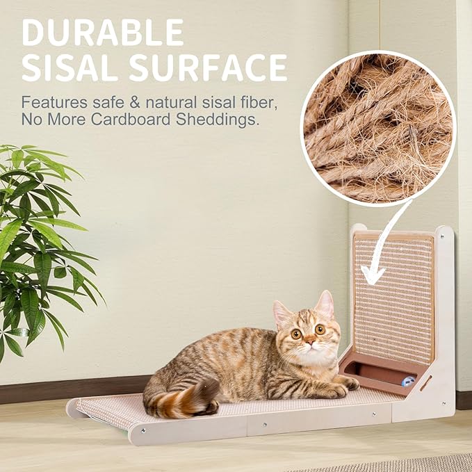 Sisal Cat Scratchers for Indoor Cats, 26.8'' L-Shape Cat Scratching Board, Large Cats Scratching Posts to Protect Furniture, Solid Wooden Cats Scratch Pad with Mouse Toy(Vertical Scratcher)