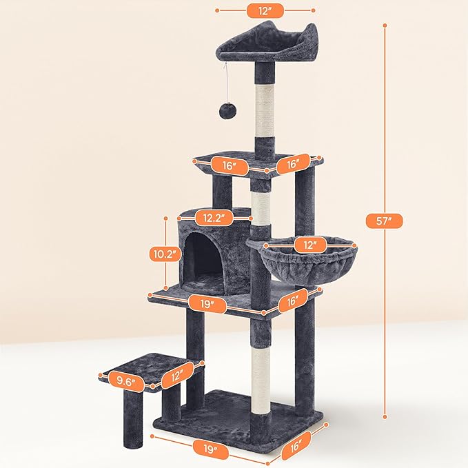 Yaheetech 57in Tall Cat Tree, Multi-Level Cat Tower W/Extended Platform, Padded Perch, Scratching Posts, Ball, for Indoor Large Cat Kitty as Pet Play House Activity Center