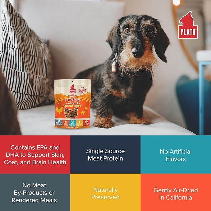 PLATO Mini Thinkers Sticks - Natural Dog Treats - Real Meat - Air Dried - Made in the USA, Chicken Flavor, 3 ounces