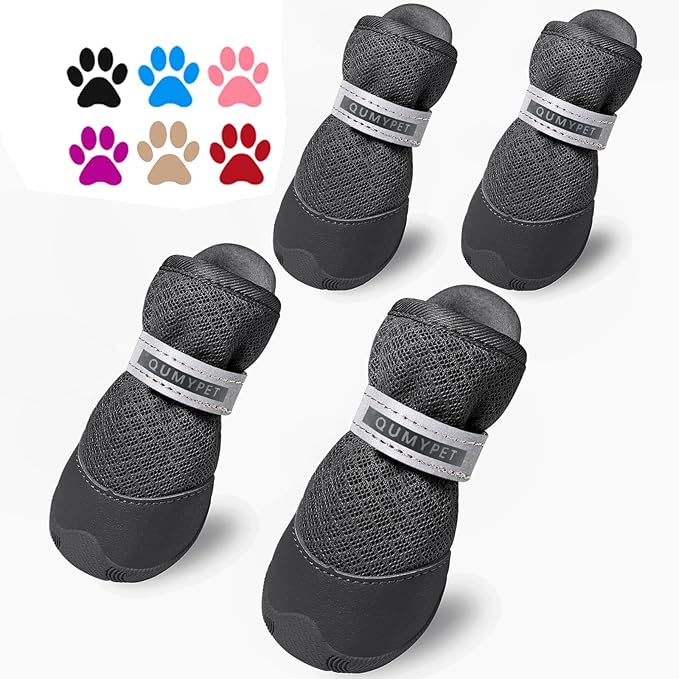 QUMY 4PCS Dog Shoes for Small Dogs, Hot Pavement Summer Puppy Dog Boots & Paw Protectors with Soft Anti-Slip Rubber Sole, Mesh Breathable Dog Booties for Hardfloors, Walking Running Black Size 4