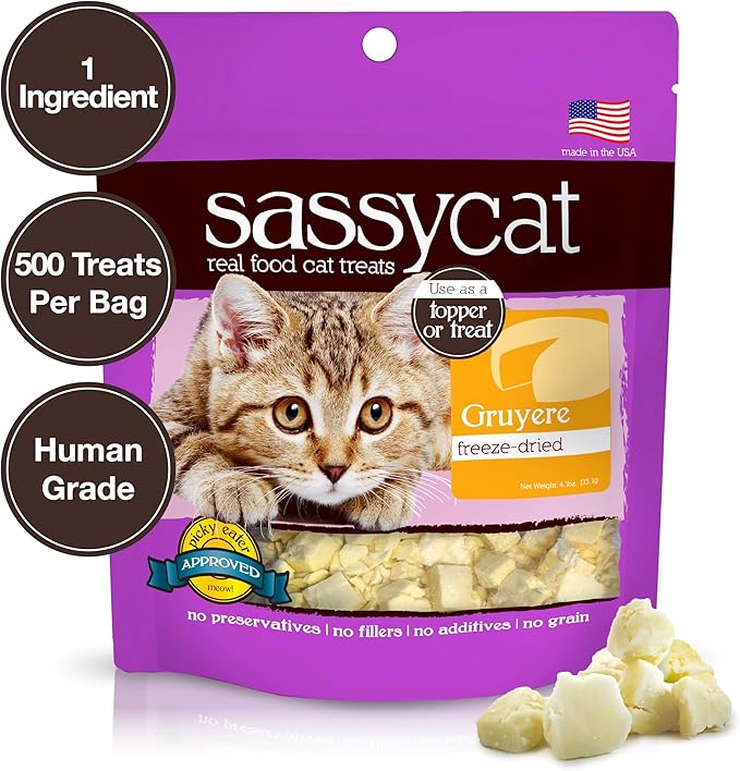 Herbsmith Sassy Cat Treats – Freeze Dried Gruyere – Human-Grade Wisconsin Cheese – Natural Snack for Picky Eaters – 1 Ingredient – USA Made – 4.7 oz