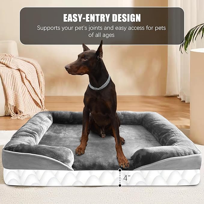 Orthopedic Dog Bed with Sides - Dog Sofa Beds for Extra Large Dogs, Supportive Foam Pet Couch Bed with Washable Removable Cover, Waterproof Lining and Non-Slip Bottom, Grey - XXL