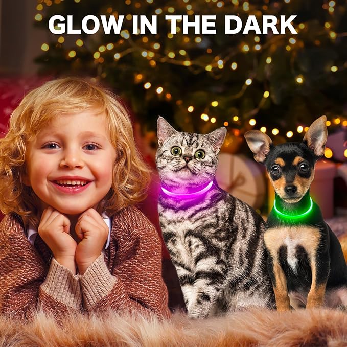 BSEEN Light Up Dog Collar - Rechargeable LED Dog Collar - Waterproof TPU Cuttable Glowing Pet Collar for Small Dogs& Cats - Safety Dog Lights for Night Walking (XS- Pink 40cm)