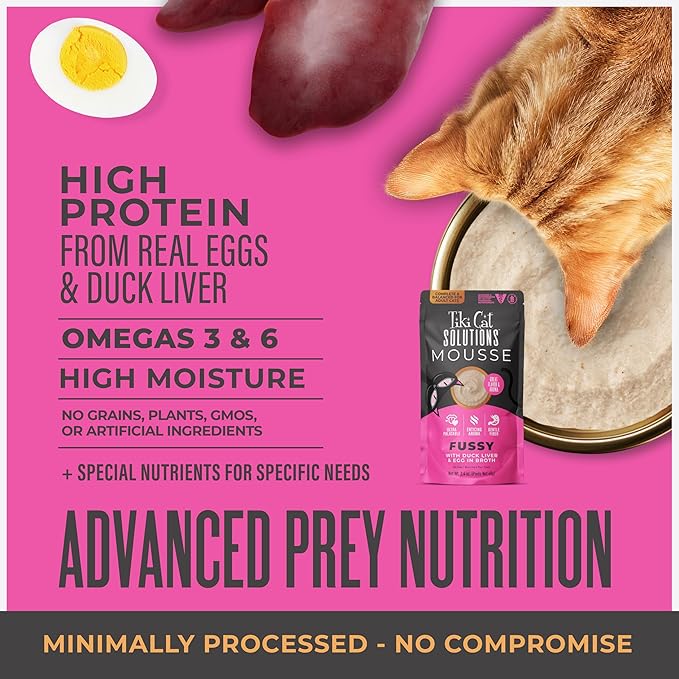 Tiki Cat Solutions Mousse Multipack Wet Cat Food, Fussy, Duck Liver & Egg, 2.4 oz. Pouch (12 Count)