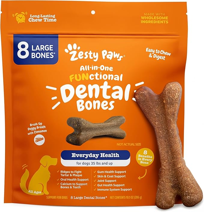 Zesty Paws Dental Bones - Fights Tartar & Plaque - Gum, Teeth & Bone Health - Cinnamon for Dog Breath - Immune, Joint, Gut, Skin & Coat Support - Omega 3 EPA & DHA and Calcium - Large Dogs - 8 ct