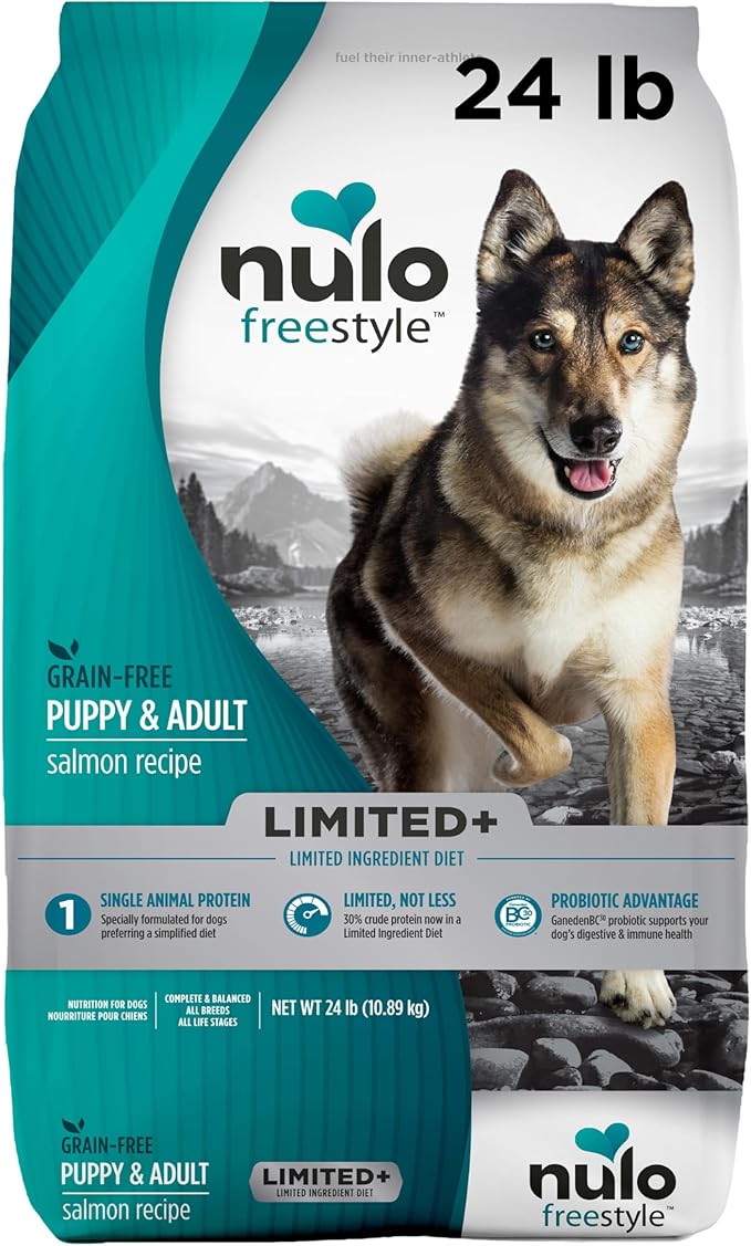 Nulo FreeStyle Limited Ingredient Dog Food, High-Protein Salmon Recipe, Grain-Free Natural Dry Dog Food for Adult Dogs & Puppies with Food Sensitivities, Single Animal Protein, 24 lb Bag