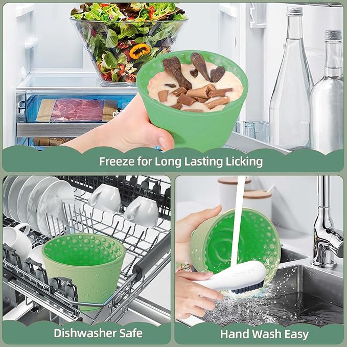 Dog Slow Feeder Lick Bowl, Non-Slip Dog Licking Treat Dispenser, Slow Feeder Bowls for Small Medium Large Breed Dogs, Anxiety Relief & Anti-Choking, BPA Free Silicone (Green, 1.6 Cup)