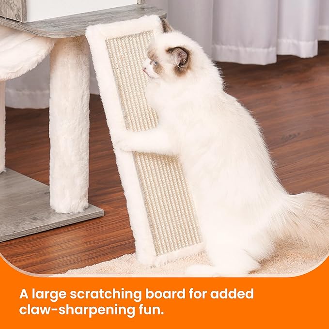 Heybly Wood Cat Tree for Indoor Cats, Cat Condo for Large Cats with Self Groomer, Modern Cat Scratching Tower with Basket, Hammock, Dangling Ball and Leaves, Rustic Gray HCT120SG