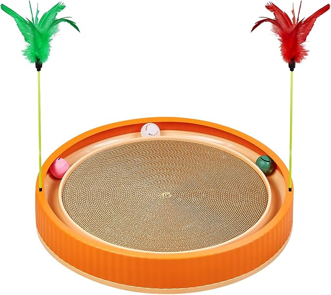 Extra-Large Round Cat Scratcher with Ball Track – 3-in-1 Circular Cardboard Scratching Pad with Feather Toys – Interactive Cat Toy Round Track for Indoor Cats, Kitten Play Lounge Board (Orange)