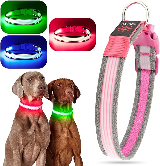 YFbrite Full Adjustbale LED Dog Collar, Full Illuminated Light up Dog Collars, Reflective Dog Collar Light Glowing in The Dark for All Dogs Safety (Large, Pink-2)
