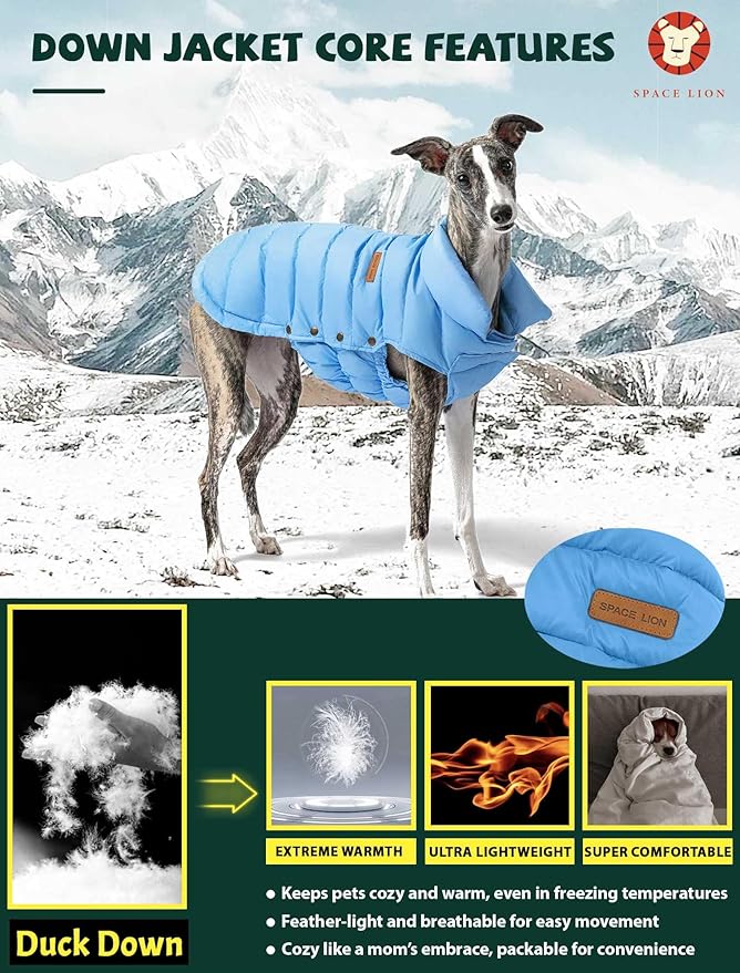 SPACE LION Puffer Jacket, Down Winter Coat, Waterproof, Windproof, Lightweight Jacket, Adjustable Fit for Medium Dogs(Blue,L)