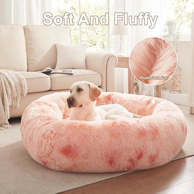 45 inches Donut Dog Bed for Extra Large Dogs,Calming Fluffy Round Jumbo Pet Bed with Removable & Washable Cover, Fits up to 150 lbs Pets (Tie-dye Pink,XL)