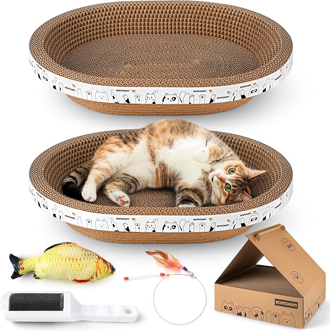 4PCS 2 Corrugated Cat Scratcher Lounge Bowl,1 Scratching Pad Cardboard with House,1 Brush, Oval Cat Bed for 2 Cats, Scratch Board for Cats, Cute Round Cat Lounger Scratcher for Furniture Protection