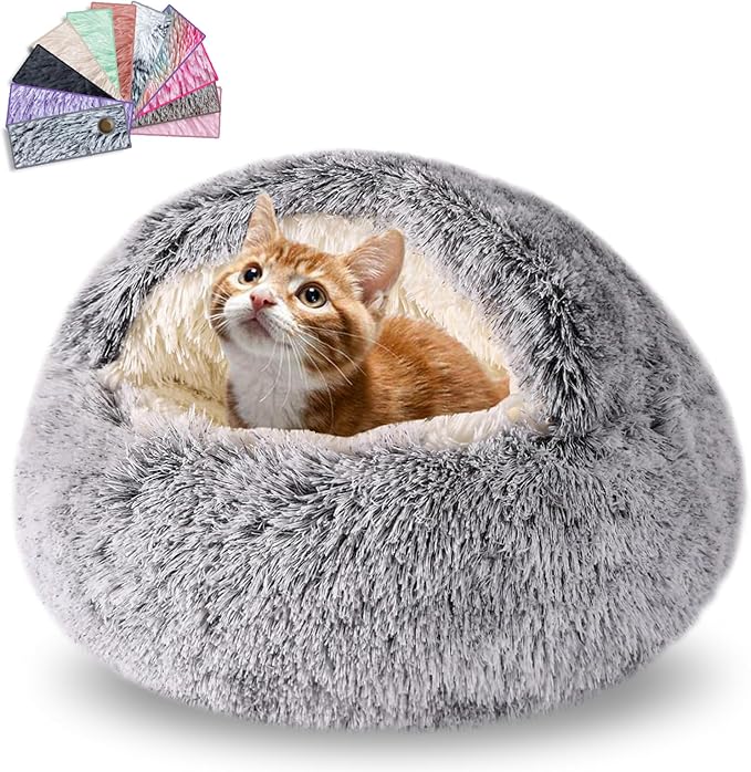 Calming Dog Beds & Cat Cave Bed with Hooded Cover,Washable Round Beds for Small Medium Pets,Anti-Slip Faux Fur Fluffy Coved Bed,Comfortable Warming Pet Bed (24 * 24inch,Grey)