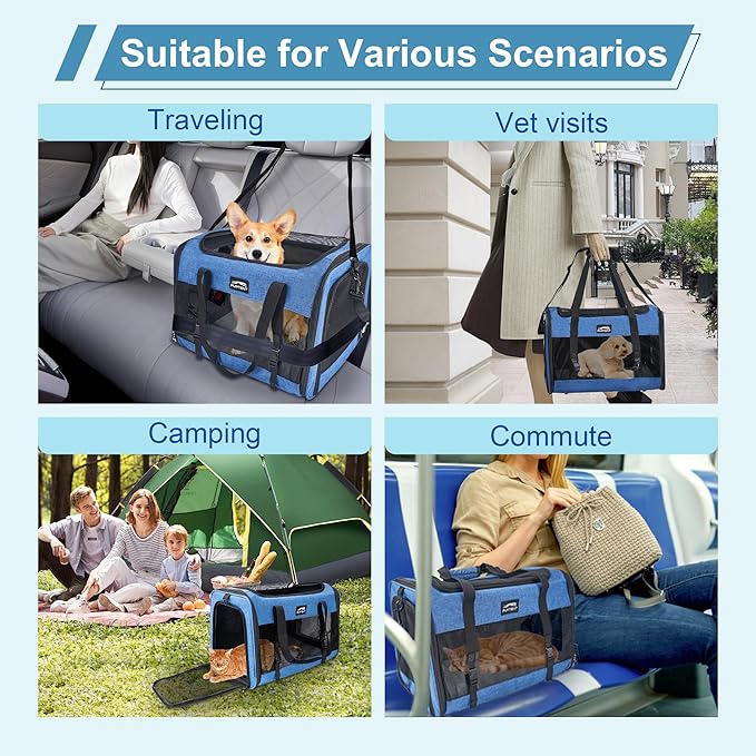 Cat Carrier Dog Carriers for Small Medium Dogs Large Cat Carrier Soft Sided Cat Carriers, Pet Travel Carrier Collapsible Cat Bag 0-25 Lbs, Puppy Kitten Carrier (Blue)