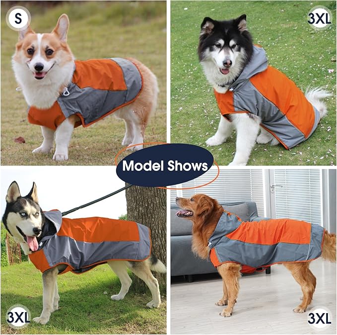 IECOii Dog Raincoat,Waterproof Rain Coat for Small Dogs,Adjustable Pet Rain Jacket with Hood,Lightweight Doggy Raincoats with Reflective Stripes,Orange,Small