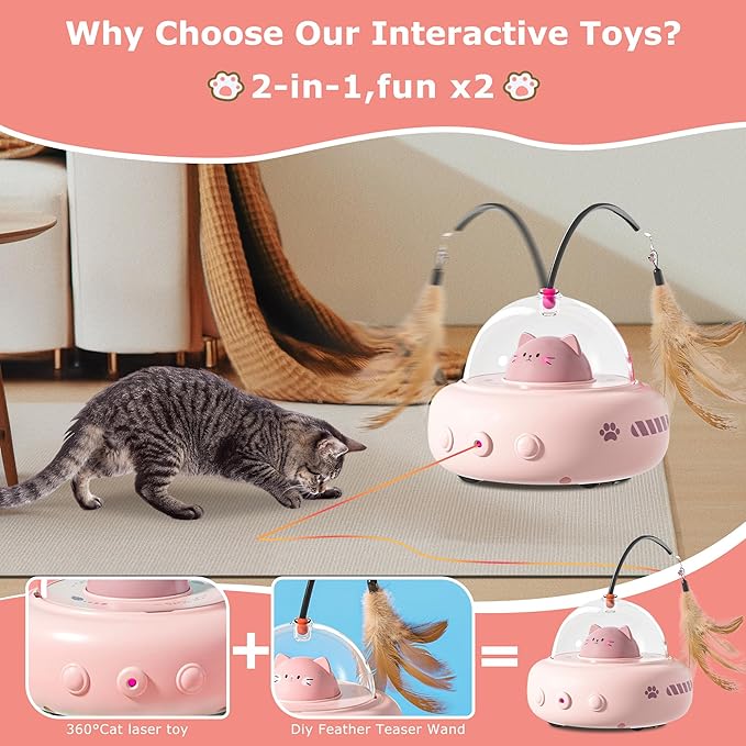 hooroor Laser Cat Toy for Indoor Cats,2 in 1 UFO-Vehicle Automatic Motion with Feather,Rechargeable Electronic Smart Sensor,Interactive Toys for Bored Cats/Kittens/Dogs,Ideal Gift (Pink Updated)