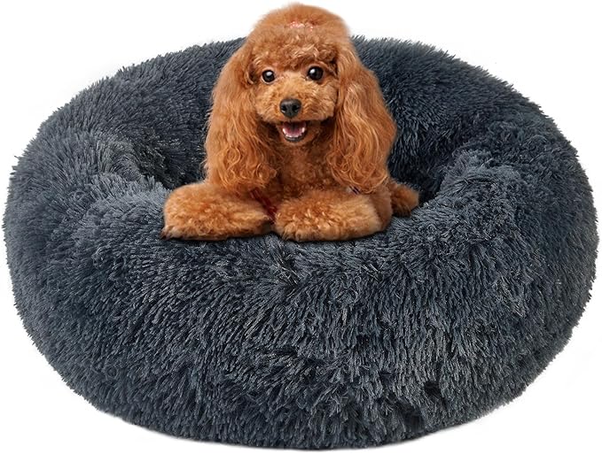 Calming Round Cute Cat & Dog Bed, Anti-Slip Washable Cozy Soft Round Pet Bed, Fluffy Faux Fur Plush Dog Cuddler Bed Fits up to 25 lbs Dogs and Cats(Donut Dark Grey, 24inch x 24inch)