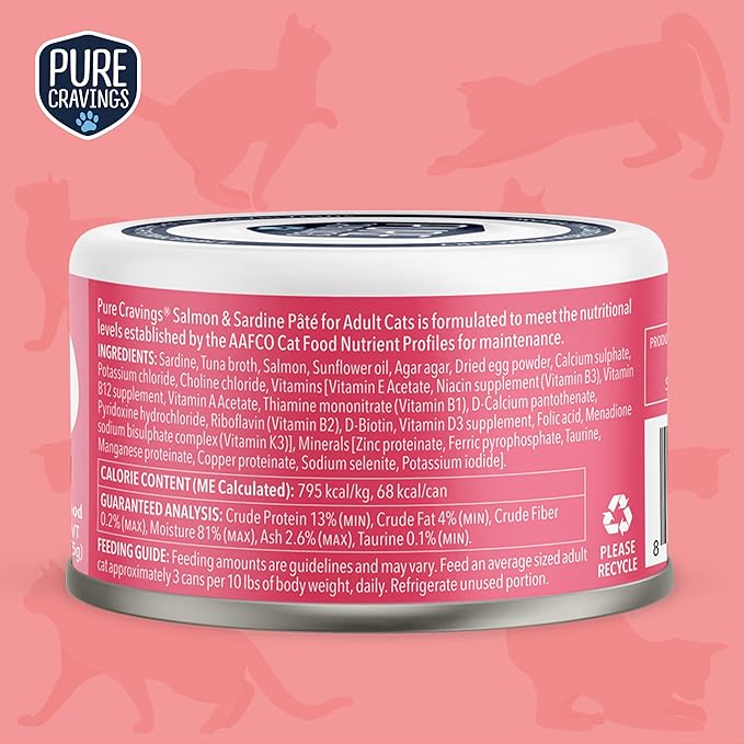 Salmon and Sardine Pate, Canned Wet Cat Food, 100% Mercury-Tested, Moist Can Fish, Grain-Free Protein, Non-GMO, 12 Pack
