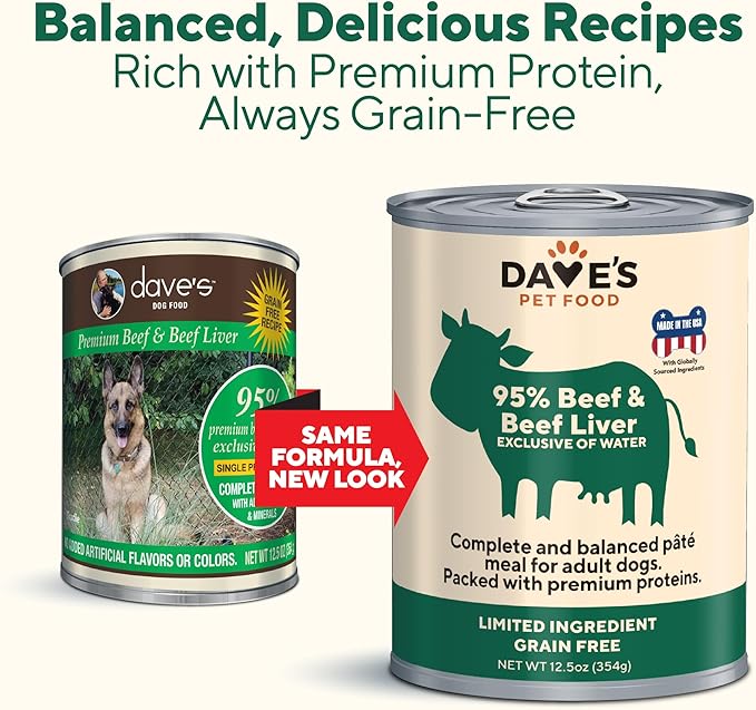 Dave's Pet Food Grain Free Wet Dog Food (95% Beef & Beef Liver), Made in USA Single-Source Protein, Limited Ingredients Added Vitamins & Minerals, 12.5 oz Cans (12 Pack)
