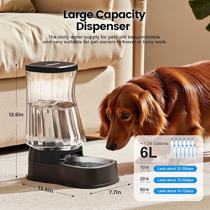 Gardner Pet Automatic Dog Water Dispenser Gravity Stainless Steel Water Waterer Feeder, 100% BPA-Free Large Capacity Water Feeding Bowls for Medium & Large-Sized Dogs Cats Other Pets-(1.6 Gallon)