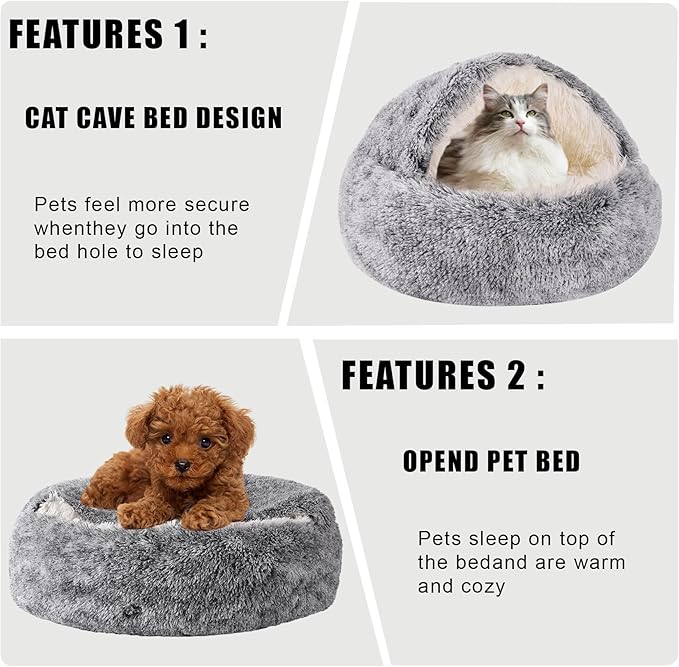 HYQ Small Dog Bed, Cat Beds for Indoor Cats Washable, Cozy Cat Cave Bed, Non-Slip Cat Beds, Calming Dog Bed with Hooded Cover, Dog Bed with Cover for Extra Small Pets (Grey, 16×16 Inch)