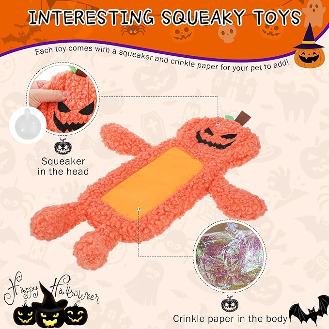SCENEREAL Stuffless Halloween Dog Squeaky Toys for Small Medium Dogs, Crinkle Puppy Chew Toy, 3 Pack Cute Animals Shape Soft Pet Plush Teething Toys(Skeleton & Pumpkin & Bat)
