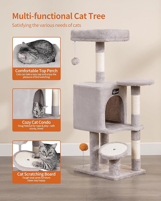 FourFurPets Small Cat Tree, Multi-Level Cat Tree for Indoor Cats, Cat Tower with Scratching Post, Cat Condo for Kittens, 39.4 inch, Light Gray