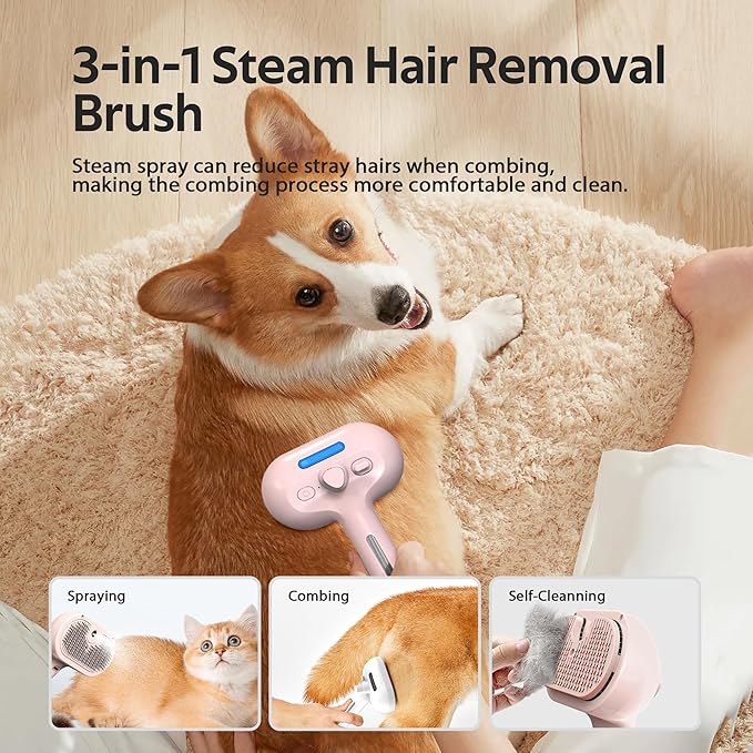 Pet Grooming Brush with Electronic Mist Spray - Gentle Deshedding Tool for Cats & Dogs, Pet Steam Brush,Reduces Shedding, Soft Bristles, Promotes Healthy Coat-Comes with a hair smoothing comb-Red