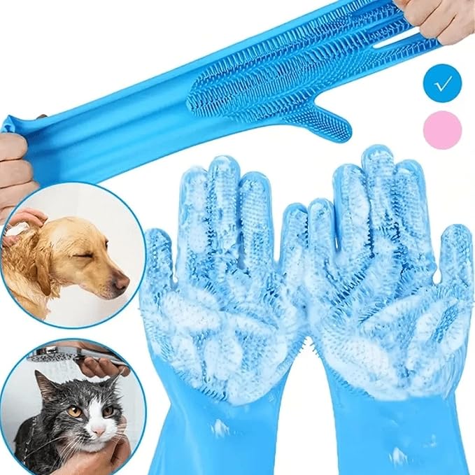Pet Grooming Gloves,Heat-Resistant Silicone Gloves with High-Density Teeth for Enhanced Massaging and Bathing of Dogs and Cats (Blue, 1 Pair)