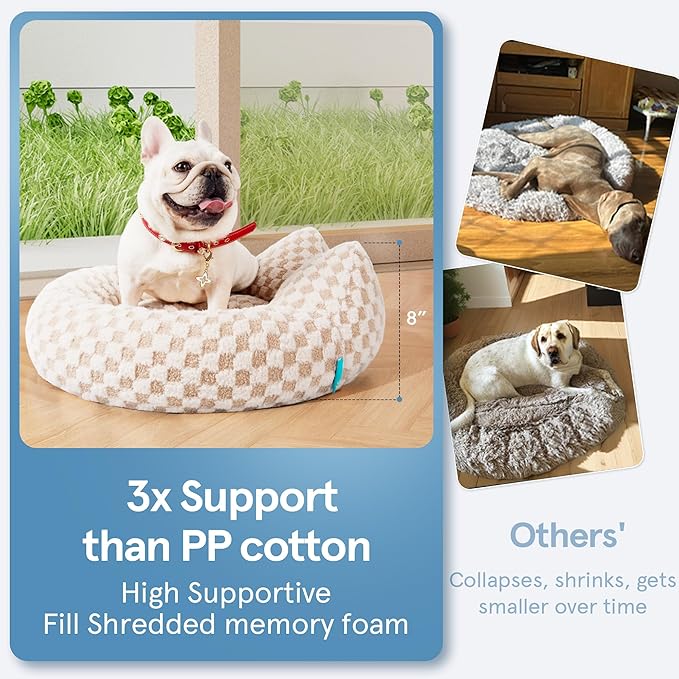 Round Dog Bed for Small Dogs & Cats -Washable Dount Cute Cat Bed for Indoor Cats, Orthopedic Sherpa Fleece Soft Cozy Calming Pet Bed with Removable Zipper Cover (Khaki Check, (23x23x8inches))