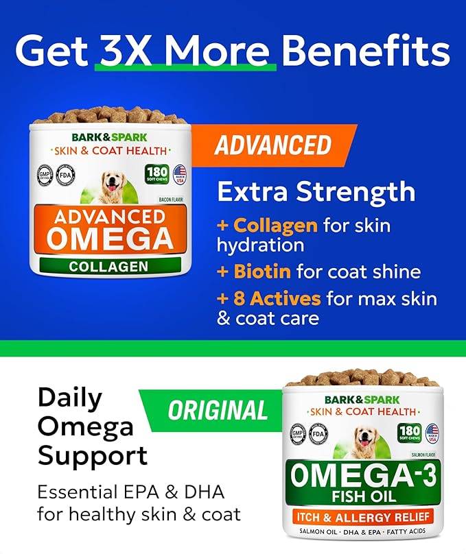 BARK&SPARK Advanced Omega-3 Collagen for Dogs - 180 Fish & Salmon Oil Treats for Dog Shedding, Skin Allergy Chews, Itch Relief, Hot Spots Treatment - Jointm Skin & Coat Supplement, EPA&DHA Fatty Acids