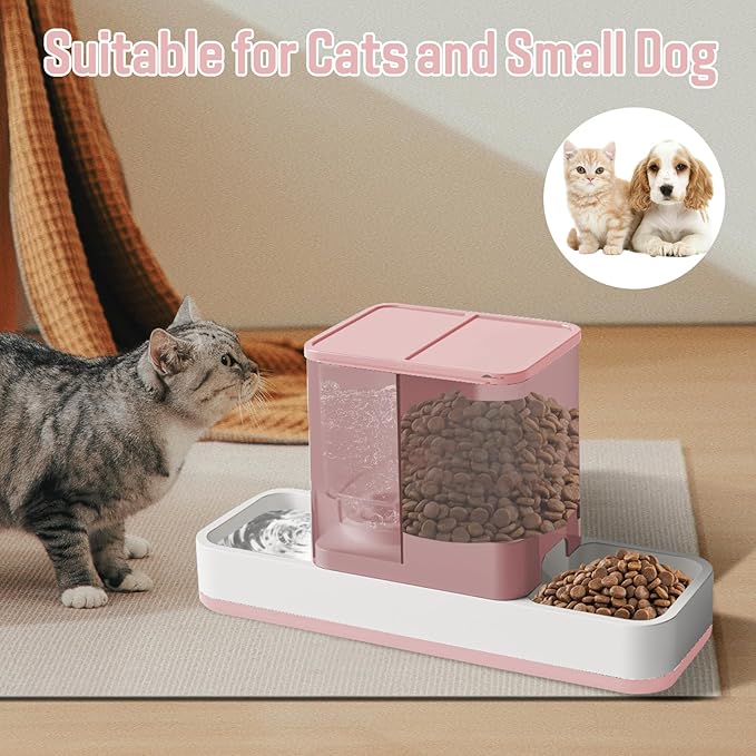 Automatic Small Pet Feeder and Water Dispenser, 2 in 1 Gravity Cat Auto Cat Small Medium Dog Feeder and Waterer Set Dish for Puppy Kitten Pets (Pink)