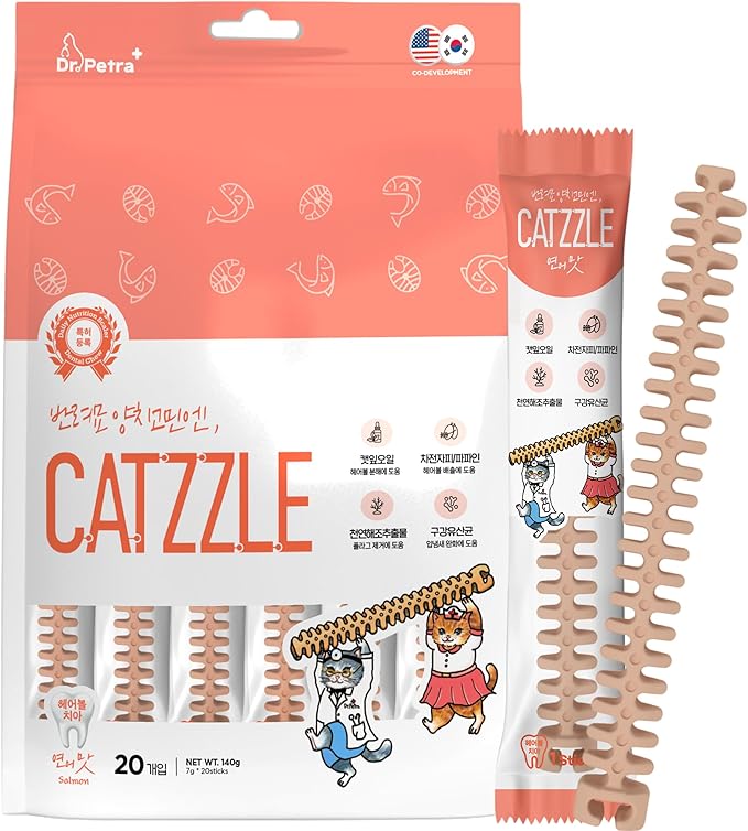 CATZZLE Cat Treats, Dental Chews for Indoor Cats, Cat Teeth Cleaning, Dental Care Snacks - Hairball Control (Salmon Flavor) (20 Sticks (Pack of 1))
