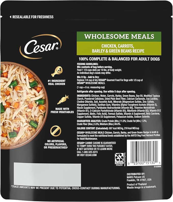 Cesar Wholesome Meals Wet Dog Food, Chicken, Carrots, Barley & Green Beans Recpie, 17.6 oz. Pouch (6 Count, Pack of 2)